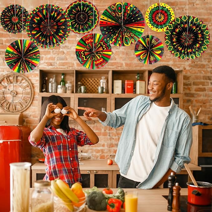 Outus Black History Month Decorations Paper Fans Juneteenth Hanging Paper Fans Kente Ceiling Wall Garland for African American Party Bulletin Board Classroom Decor (9 Pcs,Design)