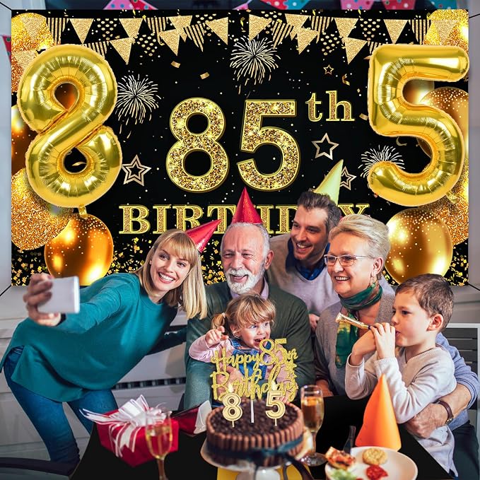 85th Birthday Decorations Men Women with 85th Birthday Banner, Black and Gold Table Cloth, Number Balloons, Sash, Cake Topper and Candles