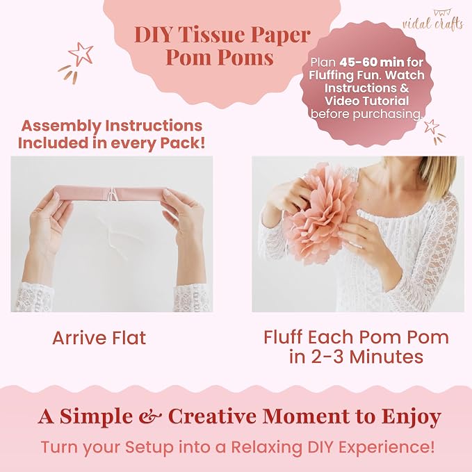 Vidal Crafts 20-Piece Boho Tissue Paper Pom Poms - Hanging Tissue Paper Flowers for Bridal Shower Decorations, Baby Shower Decorations for Girl, Wedding, Birthday Party - Assorted Sizes 6" to 14"