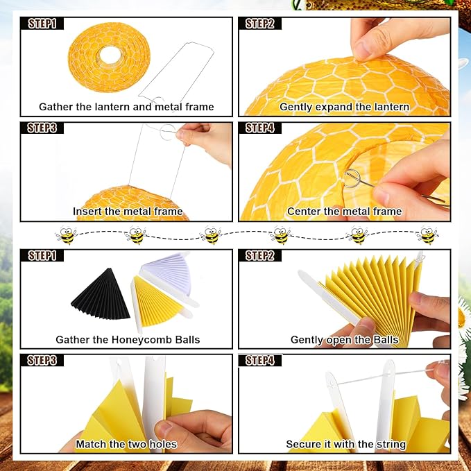 Retisee 18 Pcs Bee Honey Party Decoration.Yellow White Hanging Paper Lantern Bee Honeycomb Fans Honeycomb Ball for Honey Birthday Party Ceiling Decor Supplies