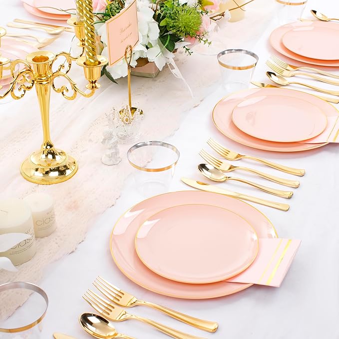 NOCCUR 350PCS Pink Plates Disposable - Pink Gold Plastic Dinnerware Set for 50 Guests Include 100 Dinner/Dessert Plates,150 Cutlery,50 Cups&50 Napkins - Ideal for Party/Wedding/Mother's Day