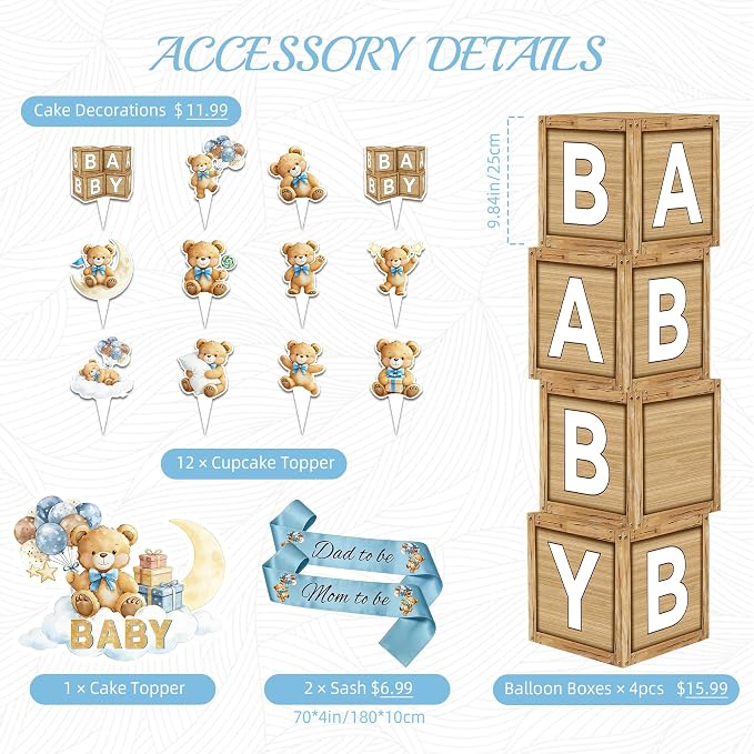 Bear Baby Shower Decorations, 140 PCS We Can Bearly Wait Baby Shower Party Supplies with Backdrop, Tablecloth, Cake Toppers, Balloons, Sash, Boxes, Blue Baby Them Party for Boy Baby Shower Decorations