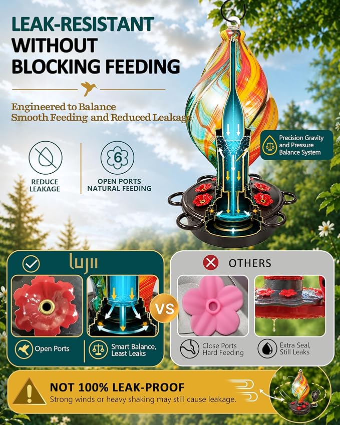 LUJII Smart Hummingbird Feeder with Camera for Outdoor Hanging, Hand Blown Glass, Solar WiFi Feeder with Live View App, 6 Feeding Ports, Leak-Resistant Design, Ant Moat & Gift Box, 28 fl oz, Ribbion