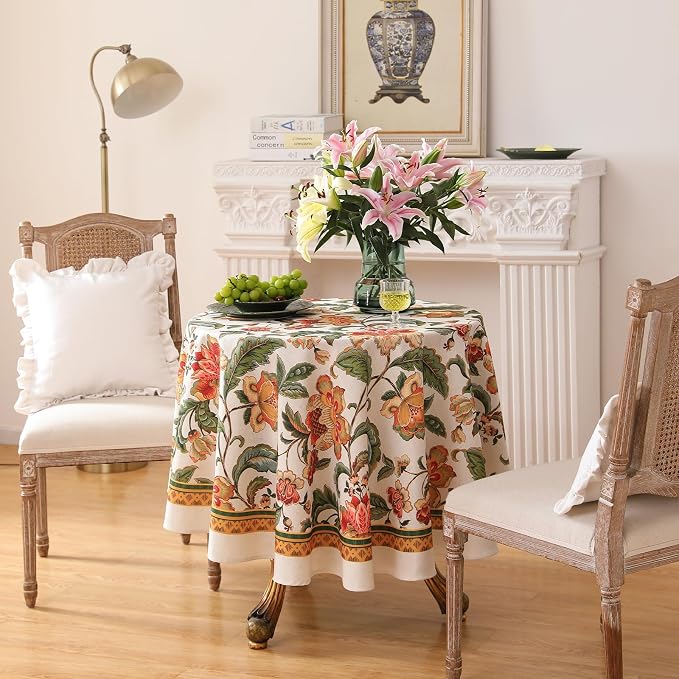 patdrea Vintage French Linen Tablecloth,Round,Diameter 67"-Santiago A | Elegant Print Table Cloth for Round Table,Colorful Floral Patterned,for Dining Room Tea Party Vender Banquet
