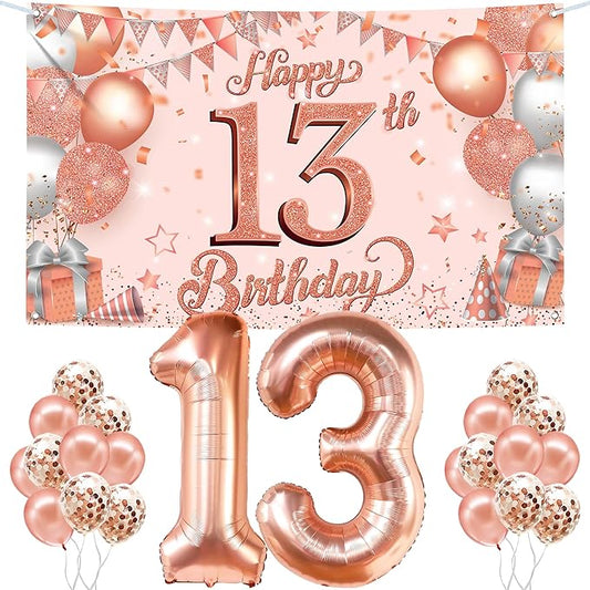 KatchOn, Rose Gold 13 Balloon Numbers - Giant, 40 Inch and Rose Gold Happy 13th Birthday Banner - Large, 72x44 Inch | 13th Birthday Decorations for Girls | Happy 13 Birthday Girl Decorations