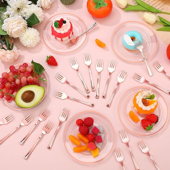 300 Pcs Rose Gold Plastic Dessert Plates Set 150 Clear Disposable Dessert Plates 6 Inch and 150 Plastic Appetizer Forks for Wedding Birthday Party Baby Bridal Shower(Rose Gold)