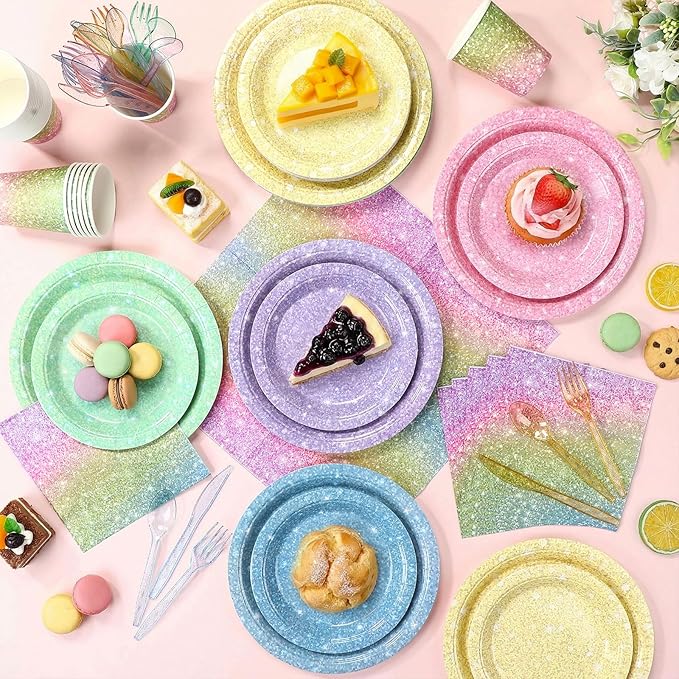 Hushee 175 Pcs 25 Guests Pastel Rainbow Paper Party Plates and Cups Napkins Sets Holographic Glitter Disposable Dinnerware Plastic Forks Knives Spoons Birthday Bachelorette Wedding Party Supplies