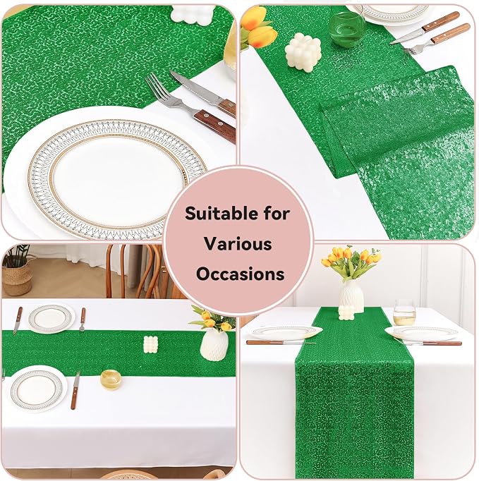 Sugargirl 10 Packs 12 x 72 inches Sequin Table Runner, Glitter Grass Green Table Runner for Birthday Party Supplies Wedding Holiday Celebration Event Decorations