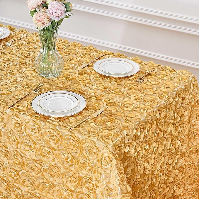 B-COOL Rosette Wedding Tablecloth Light Gold 90x132 Inch 3D Floral Rectangle Table Cloth Birthday Tablecloths for Romantic Wedding Engagement Party Table Decorations