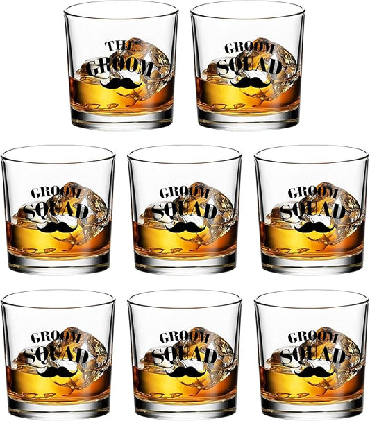 Groomsmen Whiskey Glasses Set of 8-11oz Old Fashioned Rocks Glass - Unique Groomsmen Gifts for Wedding Party, Bachelor Party Favors for Men