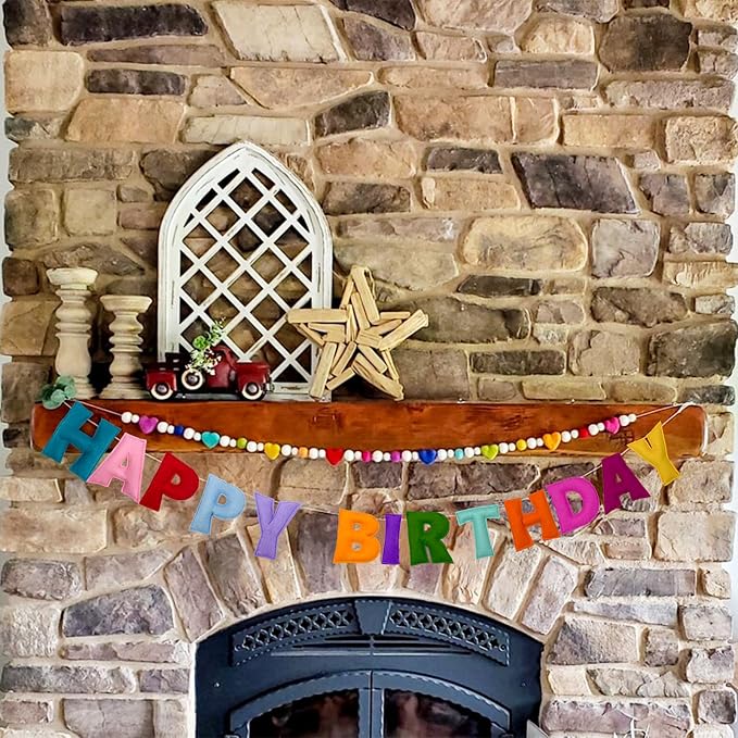 Pre-Strung Happy Birthday Banner - Felt Ball Garland, Rainbow Party Decorations, HAPPY BIRTHDAY Garland, Personalized Birthday Sign for Birthday Decor, Party Decor, Photo Prop (Colorful Happy Birthday Banner)