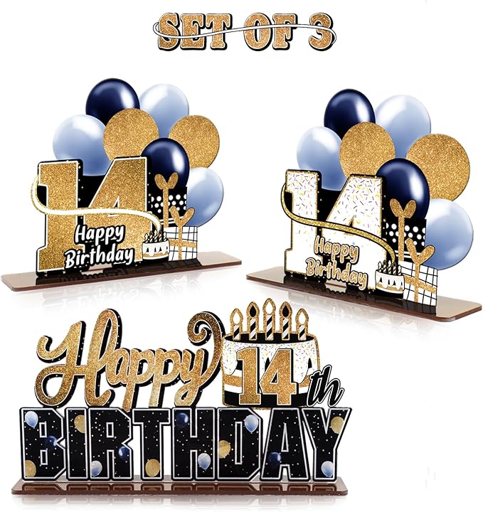 LINGTEER Happy 14th Birthday Gold Acrylic Table Topper Centerpieces Set - Cheers to Fourteen Years Old Birthday 14th Bday Party Gift Decorations.