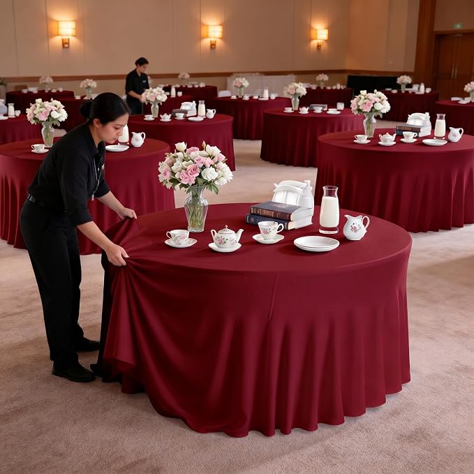 10 Pack Red Round Spandex Tablecloths for 60in Tables, 120 Inch Stretch Fitted Table Skirts, Wrinkle-Free Washable Polyester Covers for Wedding, Banquet & Party