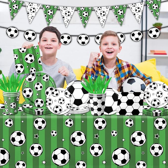 Soccer Party Tableware Set,142pcs Soccer Plates and Napkins Party Supplies Includes Banner, Plates, Cups, Napkins, Tablecloth for Boys Sports Theme Birthday Decorations,Serves 20
