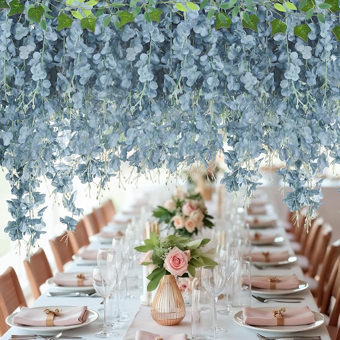 LELEE 25 Pcs Artificial Wisteria Hanging Flowers 3.6ft Dusty Blue Fake Hanging Flowers Garland Silk Flowers Rattan String Faux Wisteria Vine for Wall Home Wedding Party Arch Greenery Backdrop Decor
