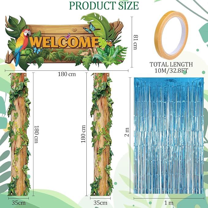 Peryiter 5 Pcs Rainforest Jungle Party Decorations Set - Welcome Arch, Tree Trunk Banners, Tinsel Curtains, Double-sided Tape for Tropical Theme Birthday, Photo Booth & Event Backdrop