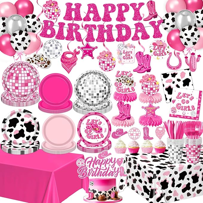 Cowgirl Birthday Party Decorations – Plates, Napkins, Cups, Banner, Hanging Swirls, Tablecloths, Balloons, Cake & Cupcake Toppers, Honeycomb Centerpieces – Disco Cowgirl Party Decorations, Serves 24