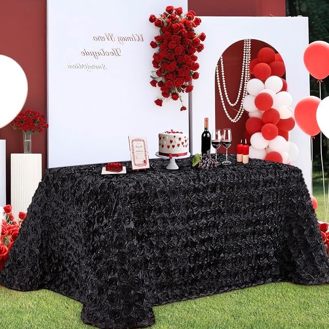 B-COOL Rosette Tablecloth Black 60x102 Inch 3D Floral Rectangle Table Cloth Birthday Table Cloths for Outdoor Birthday Party Holiday Decorations