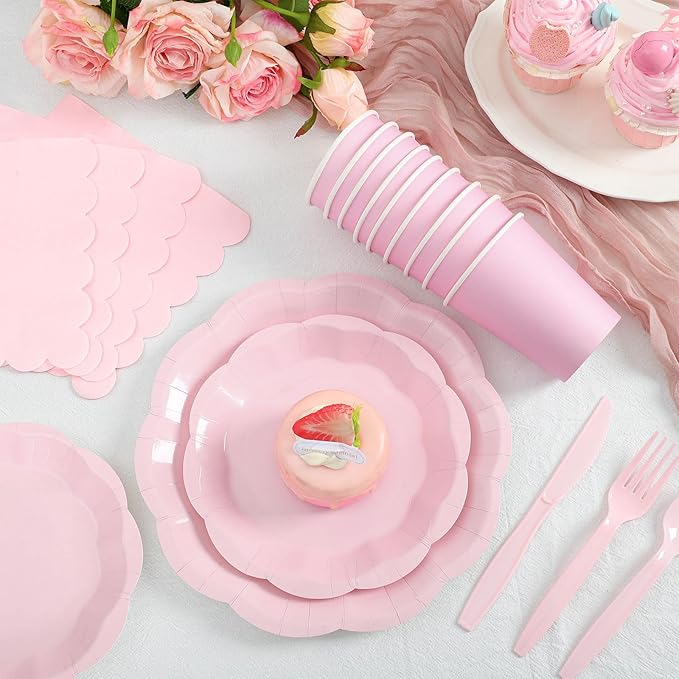 175 Pcs Pink Paper Plates and Napkins Set Include 9" Mothers Day Plates, 7" Dessert Plate Disposable Scalloped Tableware Serve 25 Guest for Wedding Baby Shower Bridal Shower Birthday Mother's Day