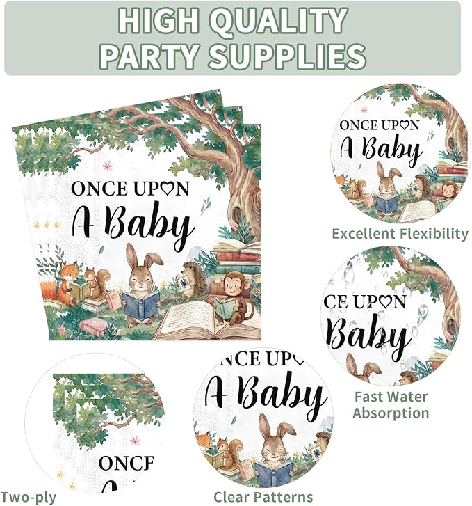 250Pcs Storybook Baby Shower Party Decorations A New Chapter is About to Begin Baby Shower Plates and Napkins Set for Storybook Forest Animal Theme Newborn Celebration Party Supplies Serve 50