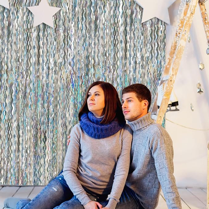 Tinsel Foil Fringe Curtains Wavy Backdrop for Parties Sparkle Metallic Wavy Foil Fringe Backdrop Curtain for Party Decorations Photo Booth Props for Birthday Graduation Wedding