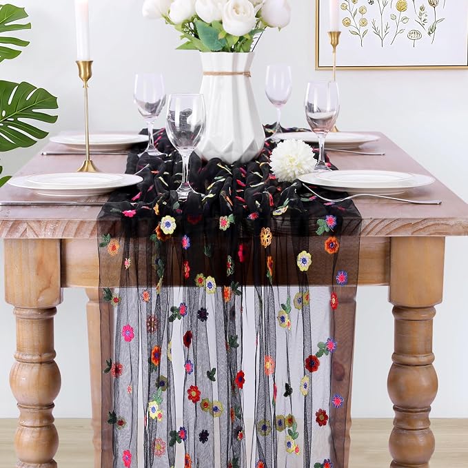 QueenDream Black Table Runner Floral Gauze Tulle Fabric 120 Inch 10FT Seasonal Sheer Overlay for Spring Kitchen Wedding Birthday Party Dining Table Decor