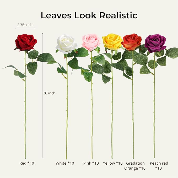 Auihiay 60PCS Artificial Roses, Mix Color Tinted Roses, Velvet Silk Roses, Realistic Artificial Flowers for Valentine's Day Gift, Wedding Ceremony Decor, Baby Shower Flower Decorations