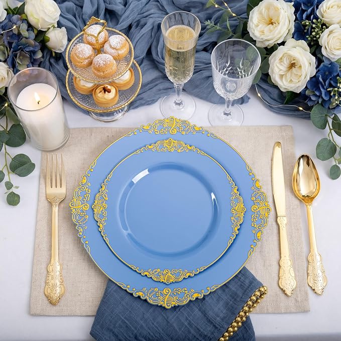125PCS Blue and Gold Plastic Plates - Airy Blue Disposable Plate - Gorgeous Plates with Gold Plastic Silverware Sets for 25 Guests for Party & Wedding & Spring