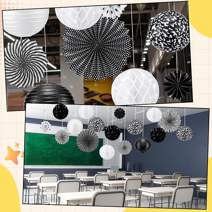 Retisee 18 Pcs Composition Classroom Decoration Kits Black and White Composition Hanging Paper Lanterns Paper Fans Honeycomb Balls Decor for Graduation End of Year School Classroom Supplies