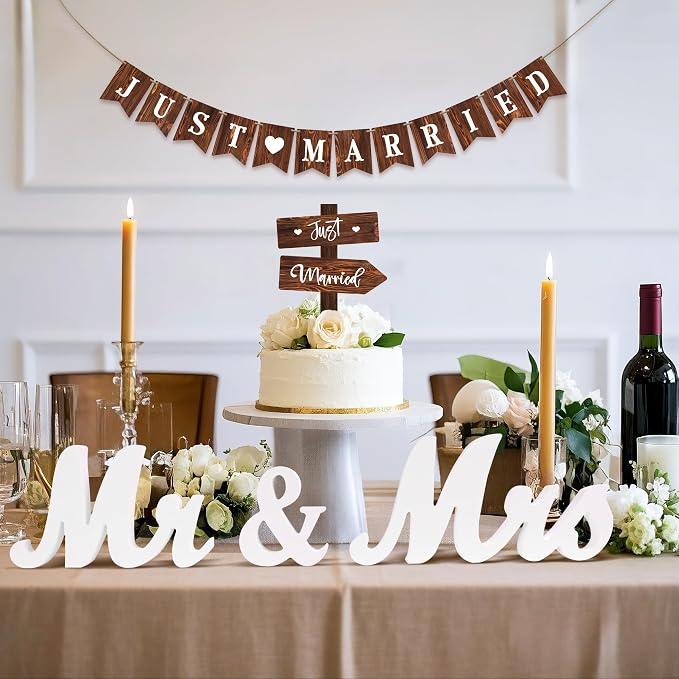 Rustic Just Married Wedding Banner & Mr Mrs Table Sign & Cake Topper in Wood Country Chic Wedding Decorations