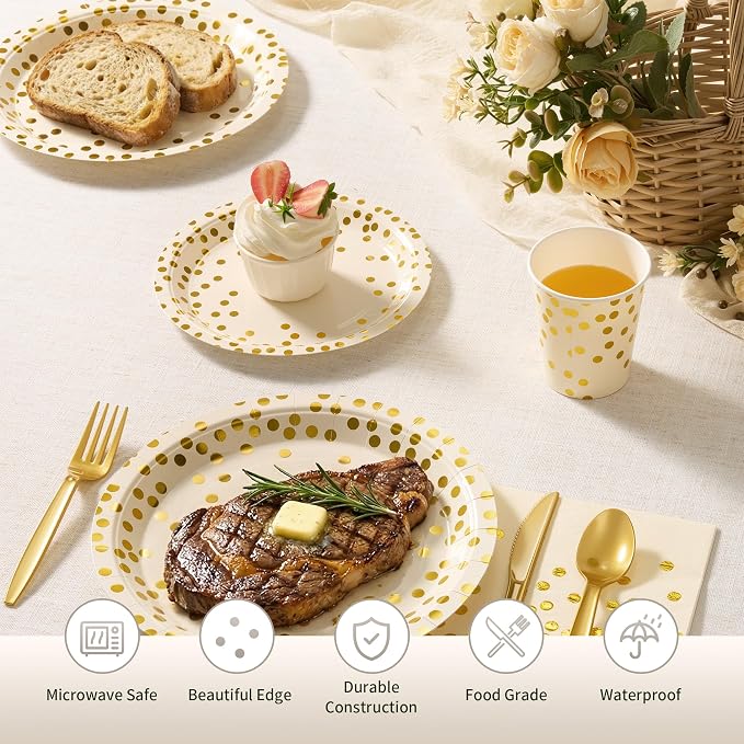 Goodlluck 175PCS Ivory Gold Foil Polka Dot Disposable Party Tableware Set, 25 Guests | 9" & 7" Golden Dot Disposable Paper Plates, 9oz Cups, Napkins & Gold Cutlery for Birthday, Wedding & Baby Shower