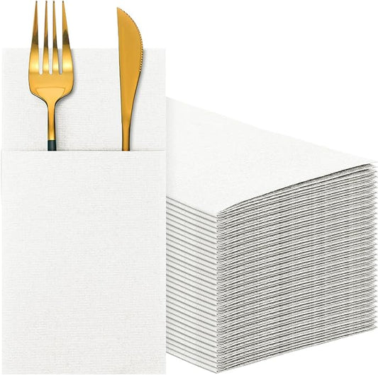 Cindeer 150 Pcs White Linen Dinner Feel Napkins with Built in Flatware Pocket Prefolded Paper Disposable Airlaid Guest Hand Towel for Silverware Wedding Reception Christmas Baby Shower