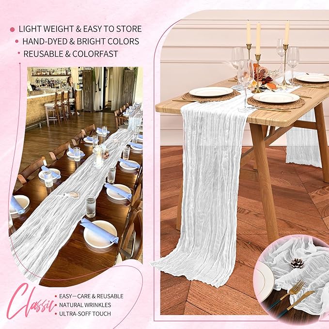 2 Pack Cheesecloth Table Runner 10FT White Table Runner Boho Gauze Cheese Cloth Table Runners Long Rustic Sheer Table Decorations for Wedding Party Baby Bridal Shower Birthday Holiday Home