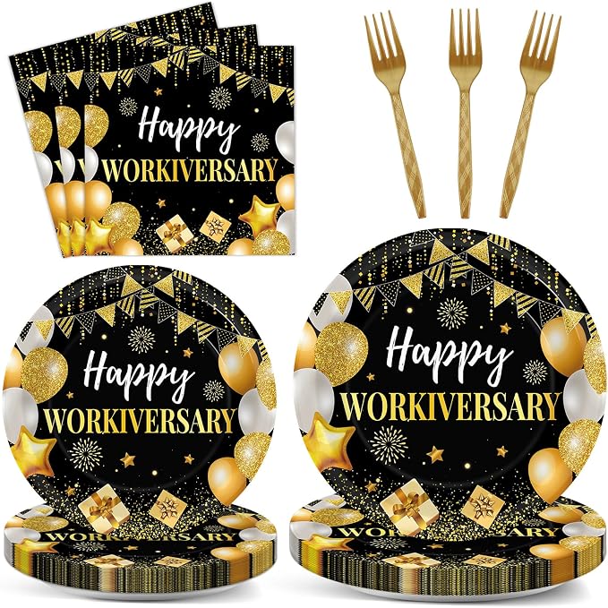 Justforjoyful 96Pcs Happy Work Anniversary Party Supplies Black Gold Happy Workiversary Tableware Dinnerware Set Worker Appreciation Plates Napkins Decorations for Women Men Office Employee Worker