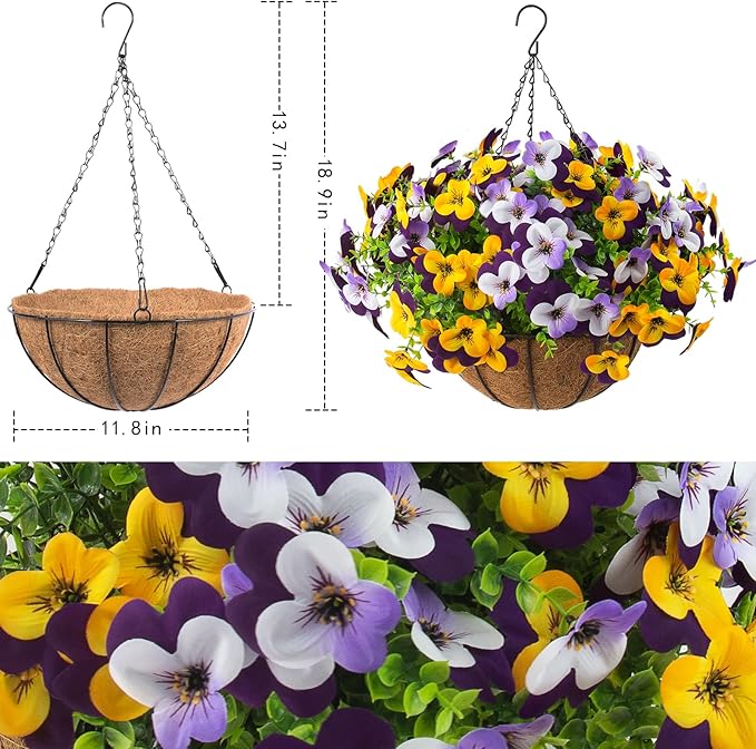 2 Set Artificial Outdoor Pansy Flowers with Hanging Baskets, 2 Hanging Baskets with 24 Pcs Silk Flowers for Spring Easter Decorations Porch Patio Home Decor (2, Purple, Yellow, White, Light Purple)