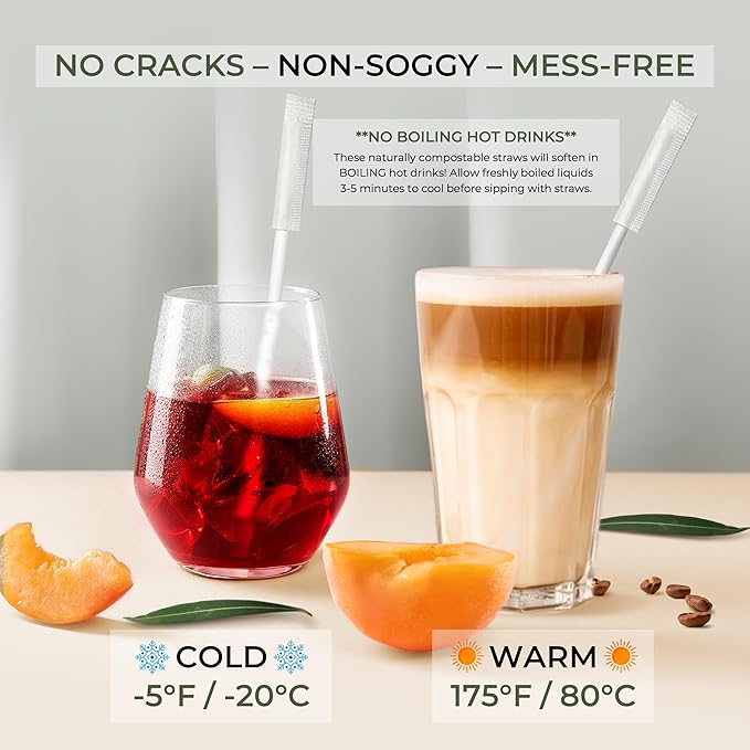 EcoPreps Biodegradable Bamboo Fiber Straws, Plastic-Free Individually Wrapped Straws | 300 Count, 100% Compostable, Eco-Friendly Drinking Straw | 7.8'' Plant Fiber Disposable Straw in White Paper Wrap