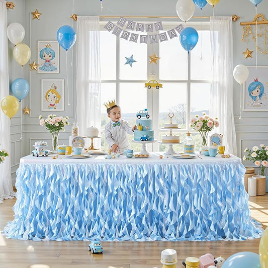 Wish Care 17ft Light Blue Sequin Table Skirt for Rectangle Tables Glitter Curly Willow Tutu Skirt Ruffle Table Cloth Desk Skirts for Birthday Baby Shower Ocean Baby Shark Party Cake Table Decorations