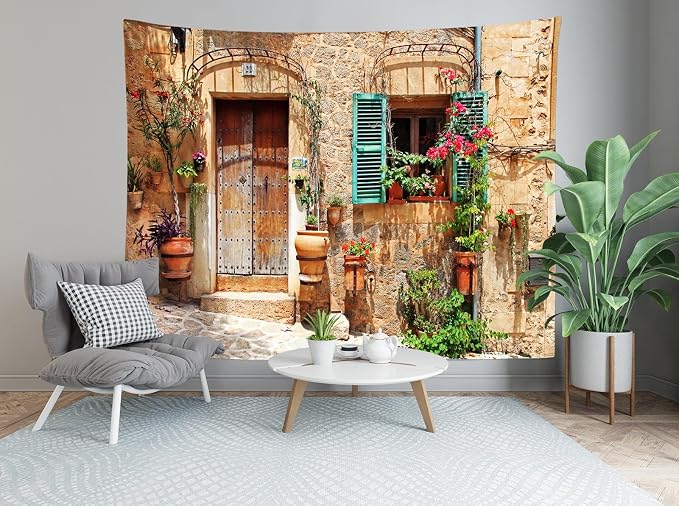15x10ft Fabric Italy Street Backdrop Tuscany Medieval Town Street Stone Wall Window Photography Background for Italian Theme Party Decorations Wedding Birthday Photo Booth Props