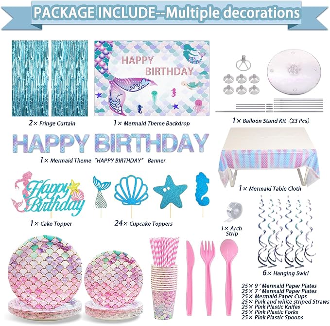 UJoyant 299 Pcs Mermaid Birthday Decorations, Mermaid Party Decorations Kit - Disposable Dinnerware Set with 25 Guests, Backdrop, Balloon, Banner, Tablecloth, Knives, Forks, Spoons, CakeTopper