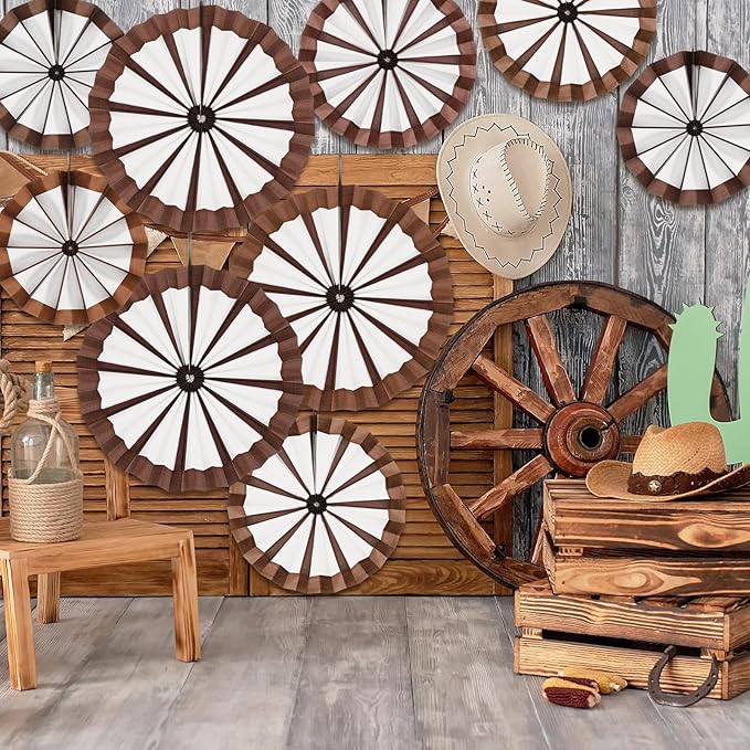 Outus 18 Pcs Western Cowboy Party Decorations Paper Fans Wagon Wheels Straw Hay Bales Hanging Ceiling Wall Decor for Country Western Themed Rodeo Farm Birthday Party Supplies (Wagon Wheels)