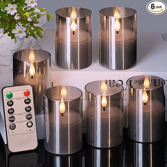 VIODAIM 6Pack Glass Flickering Flameless Candles with Remote, 2"X3" Real Wax Votive Candles Battery Operated, Small Electric LED Candles for Wedding Home Decor, w/4 Timers+2 Lighting Modes [Gray]