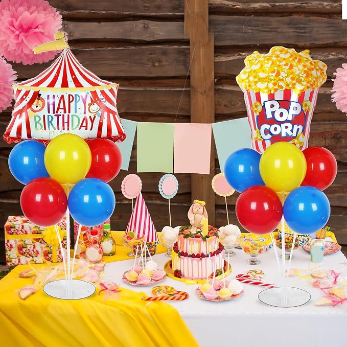 Carnival Circus Birthday Party Balloons Stand Kit 2 Sets with 2 Circus Tent Popcorn Foil Balloons Plim Themed Red Blue Yellow Balloon Centerpiece for Tables for Carnival Birthday Party Decorations