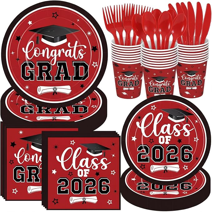 Funnymoom 400 Pcs Graduation Party Supplies Class of 2026 Graduation Paper Plate Napkin Cup Cutlery Congrats Grad Disposable Tableware Set for Grad Party Decorations, Serve 50 (Red, Black)