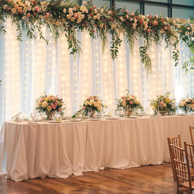 White Sheer Tulle Backdrop Curtains with Lights String for Party Wedding Wrinkle Free Curtain Backdrops Drapes for Baby Shower Birthday Party Photo Back Drop Background Home Decorations 10ft x 8ft