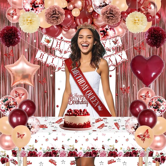 Burgundy Rose Gold Birthday Decorations with Happy Birthday Banner, Balloons, Sash, Crown, Butterfly, Hanging Swirls, Flower Tablecloth, Fringe Curtain, Pompoms for Women Girls Party Backdrop Supplies