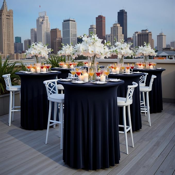 2 pk Navy Blue Cocktail Table Cloth Round 32×43in-High Top Highboy Bar Cocktail Tablecloths-Wrinkle Free Stretchy Fitted Spandex Table Covers with Ruffle Desk Skirt for Wedding Banquet Party Tables