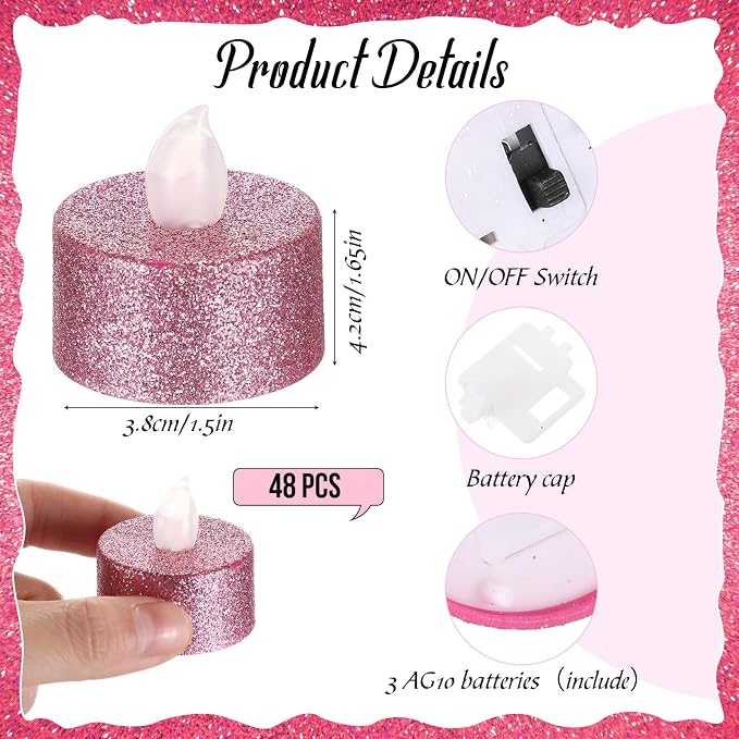 Retisee 48 Pcs Flameless LED Tea Lights Glitter Electric Fake Candles for Centerpieces Battery Operated Anniversary Decorations Romantic Winter Decor for Wedding Christmas Birthday (Pink)