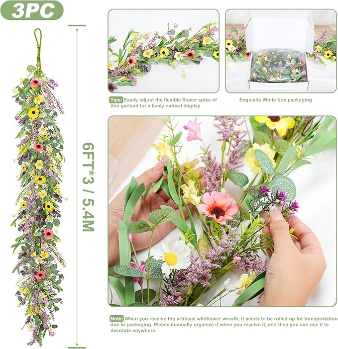 3pcs 6 ft Artificial Wildflower Garlands Wisteria Lavender Garland Daisy and Lavender Faux Floral Vine Summer Spring Floral Fake Garland All Year Round Home Decor for Indoor Outdoor Wedding Arch