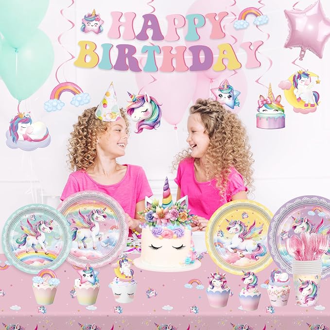 210pcs Unicorn Birthday Party Supplies Plates Napkins Unicorn Party Decorations Include Paper Plates Napkins Cup Cutlery Balloon Hanging Swirl Tablecloth Tableware for Girl Birthday Decor Serve 24