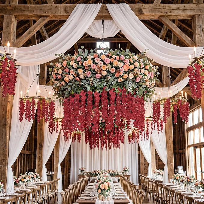 12Pack Burgundy Wisteria Hanging Flowers Vines 3.6ft Artificial Silk Flowers Fake Wisteria Bushy Garland Hanging Rattan String for Garden Home Wall Wedding DIY Party Decorations (Burgundy)